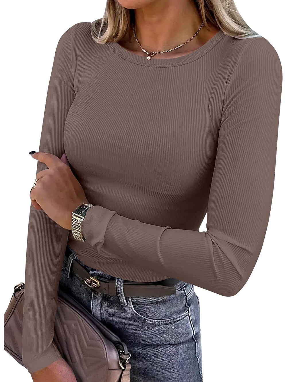 Women's Coffee Slim Basic Lightweight Knit Long Sleeve Shirts Ribbed Fitted Tops